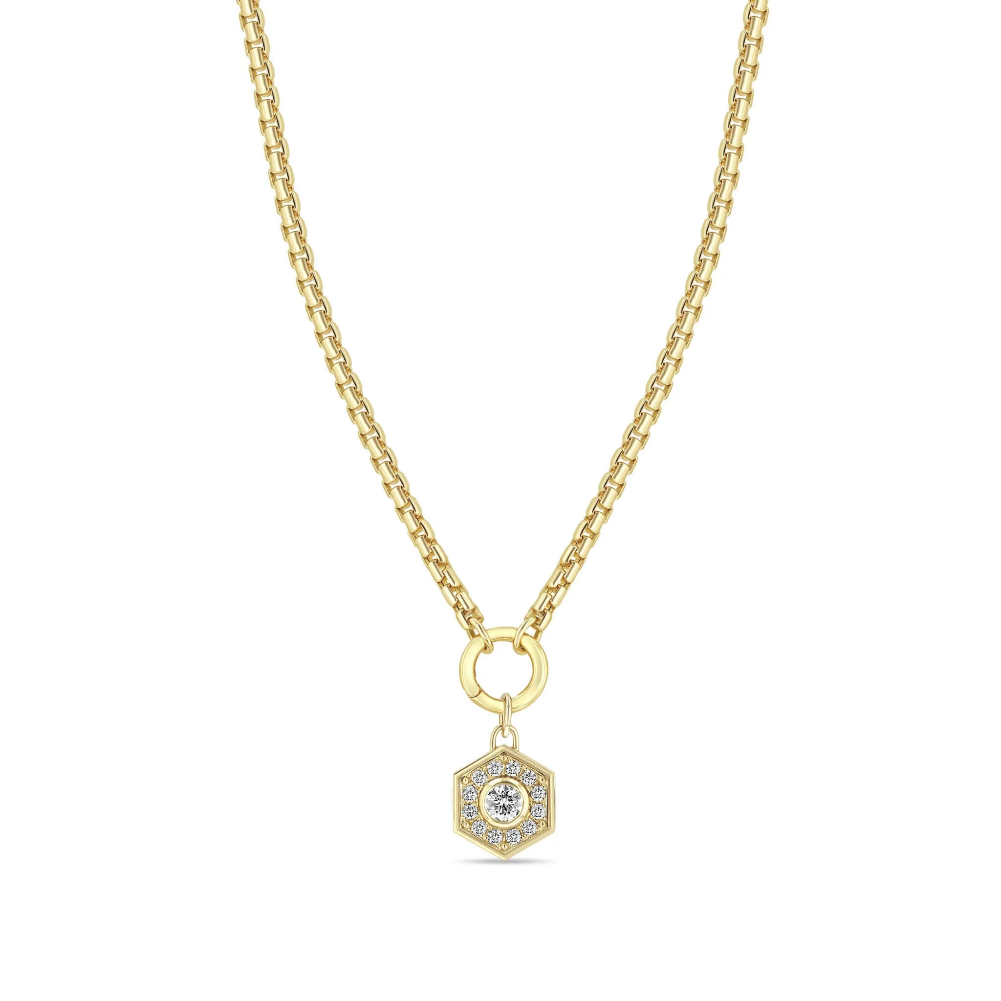 14k Diamond Hexagon Halo Pendant Large Box Chain Necklace