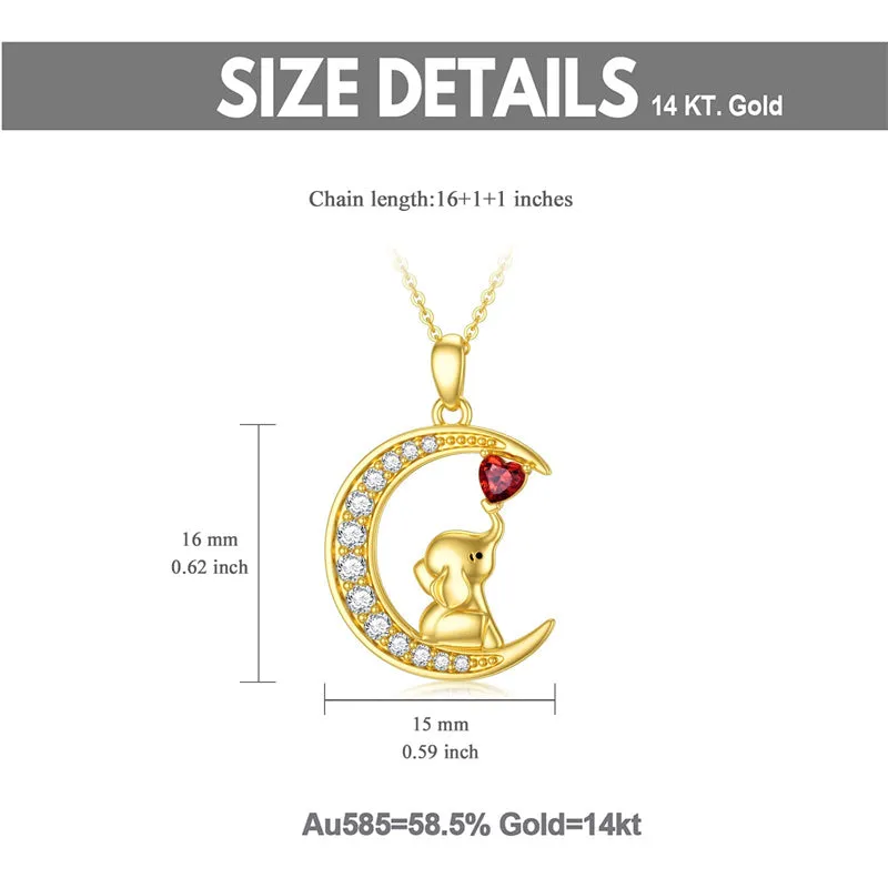 14K Gold Lucky Elephant Necklace with Garnet Moon Necklace with Moissanite Cute Animal Jewelry Gift for Women