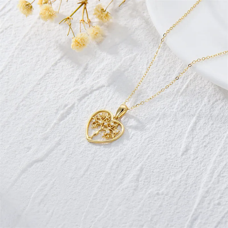 14K Solid Yellow Gold Tree of Life Necklace Dainty Pendant Necklace with Moissanite, Heart Necklace in 18 Inch for Women