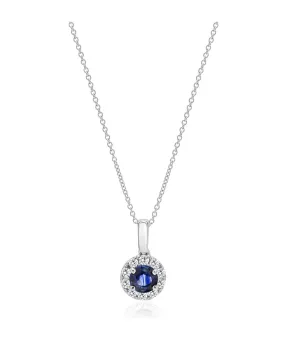 14K White Gold Sapphire and Diamond Halo Pendant