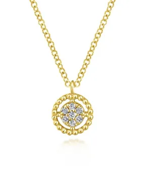 14K Yellow Gold Beaded Round Floating Diamond Pendant Necklace