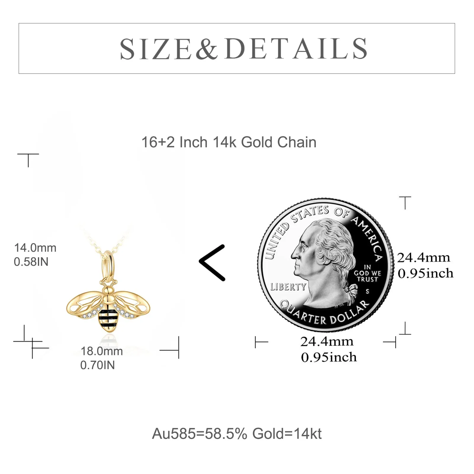 14K Yellow Gold Honey Bee Jewelry for Women Bee Necklace Fine Gold Pendant Gifts for Her