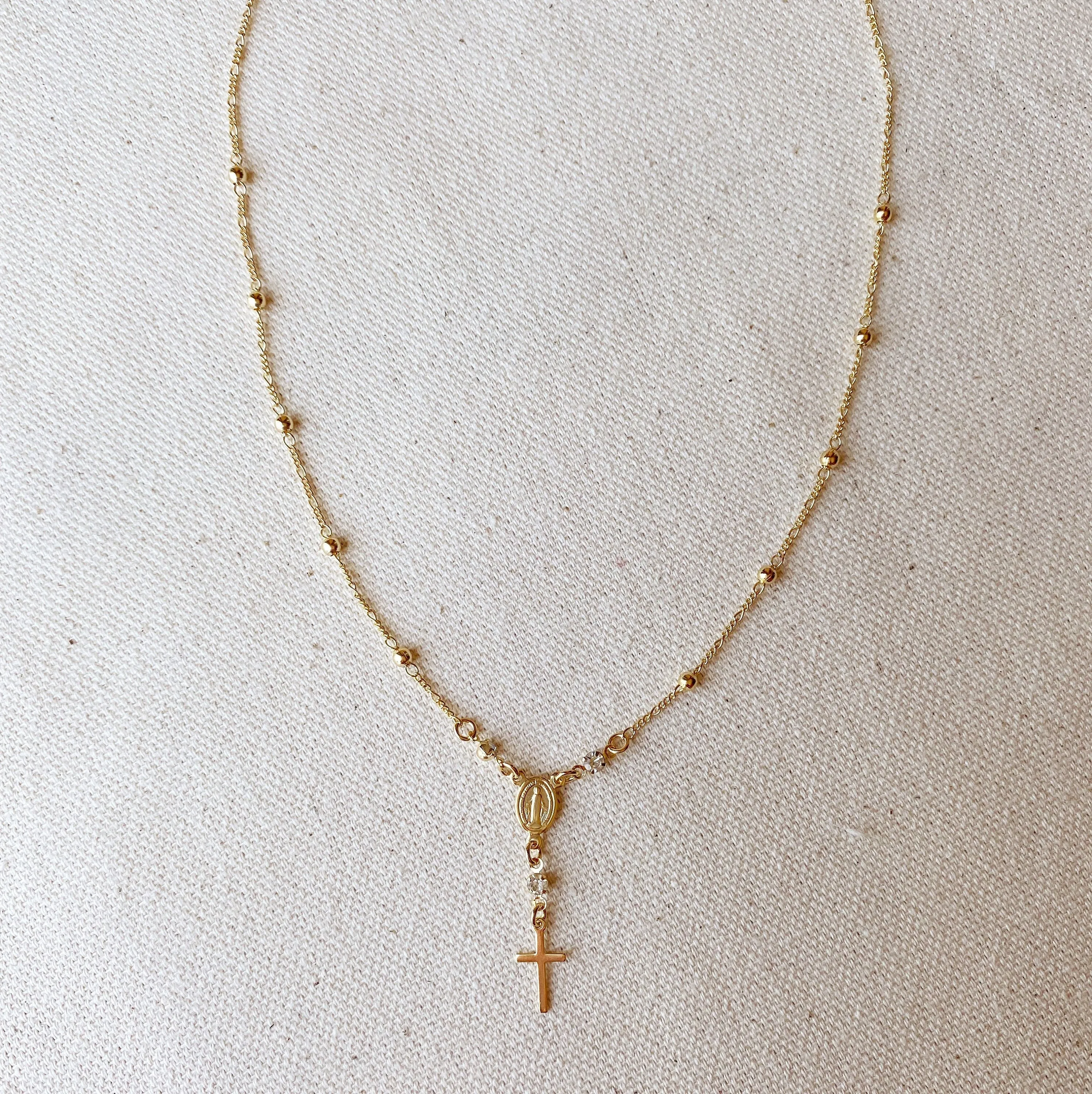 18k Gold Filled Our Lady of Graces Rosary Ball Chain and Small Plain Cross