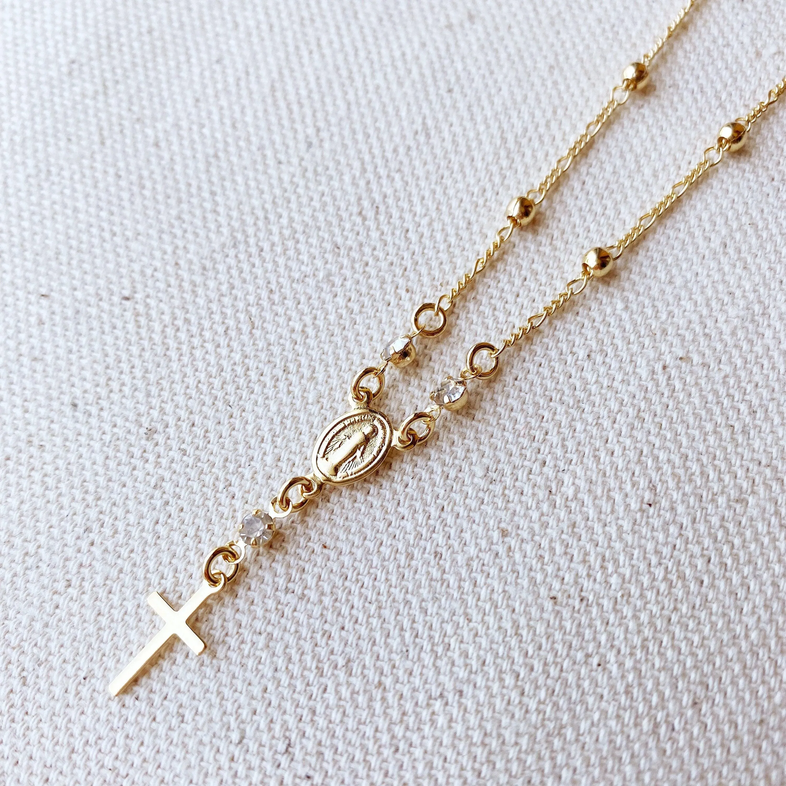 18k Gold Filled Our Lady of Graces Rosary Ball Chain and Small Plain Cross