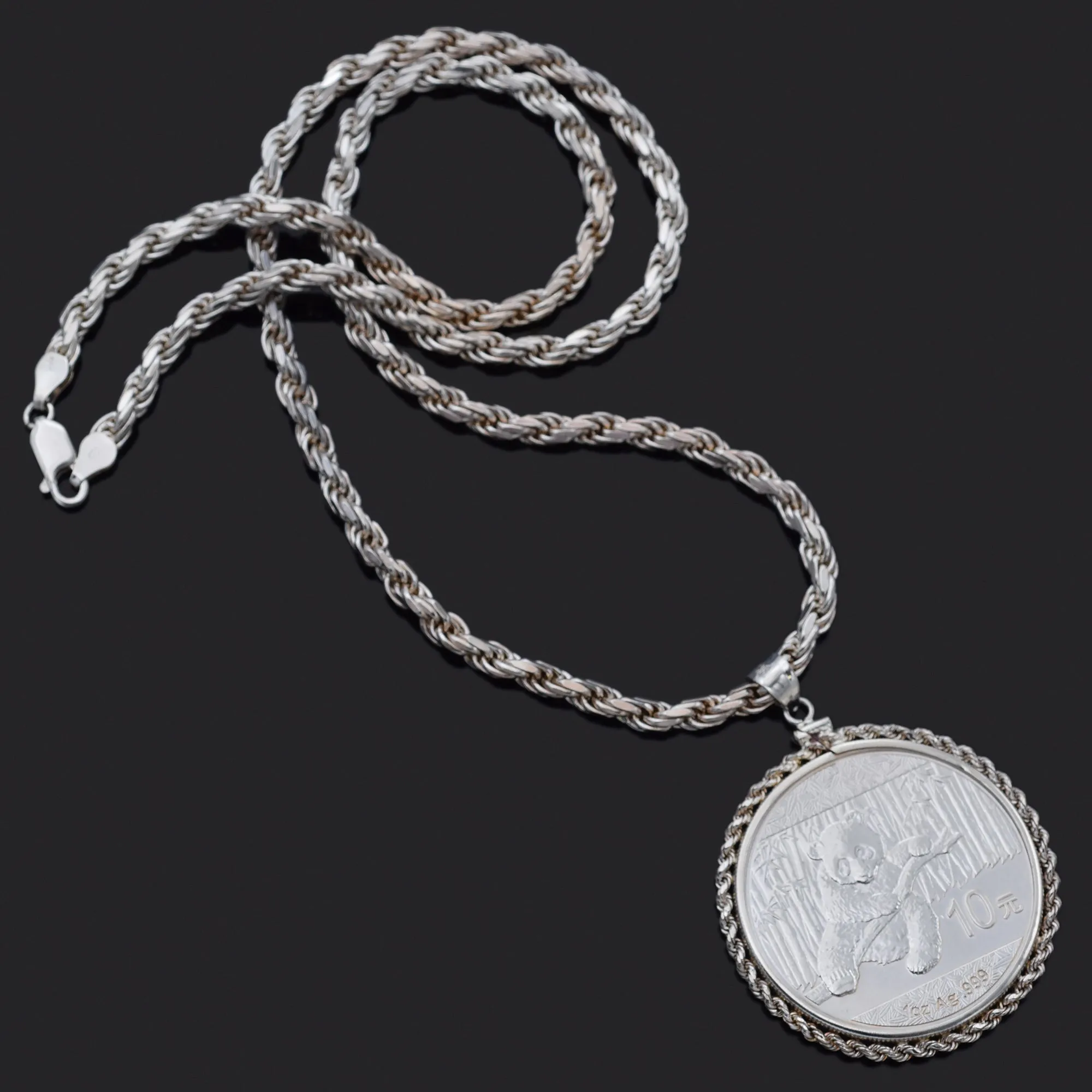 2014 China 10 Yuan Panda 1 OZ AG .999 Silver Coin Pendant Rope Chain Necklace