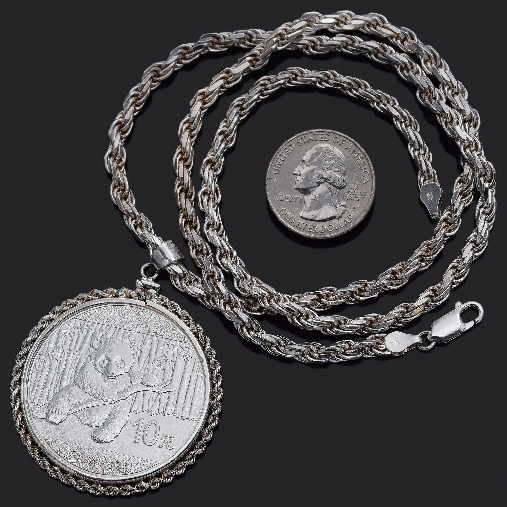 2014 China 10 Yuan Panda 1 OZ AG .999 Silver Coin Pendant Rope Chain Necklace