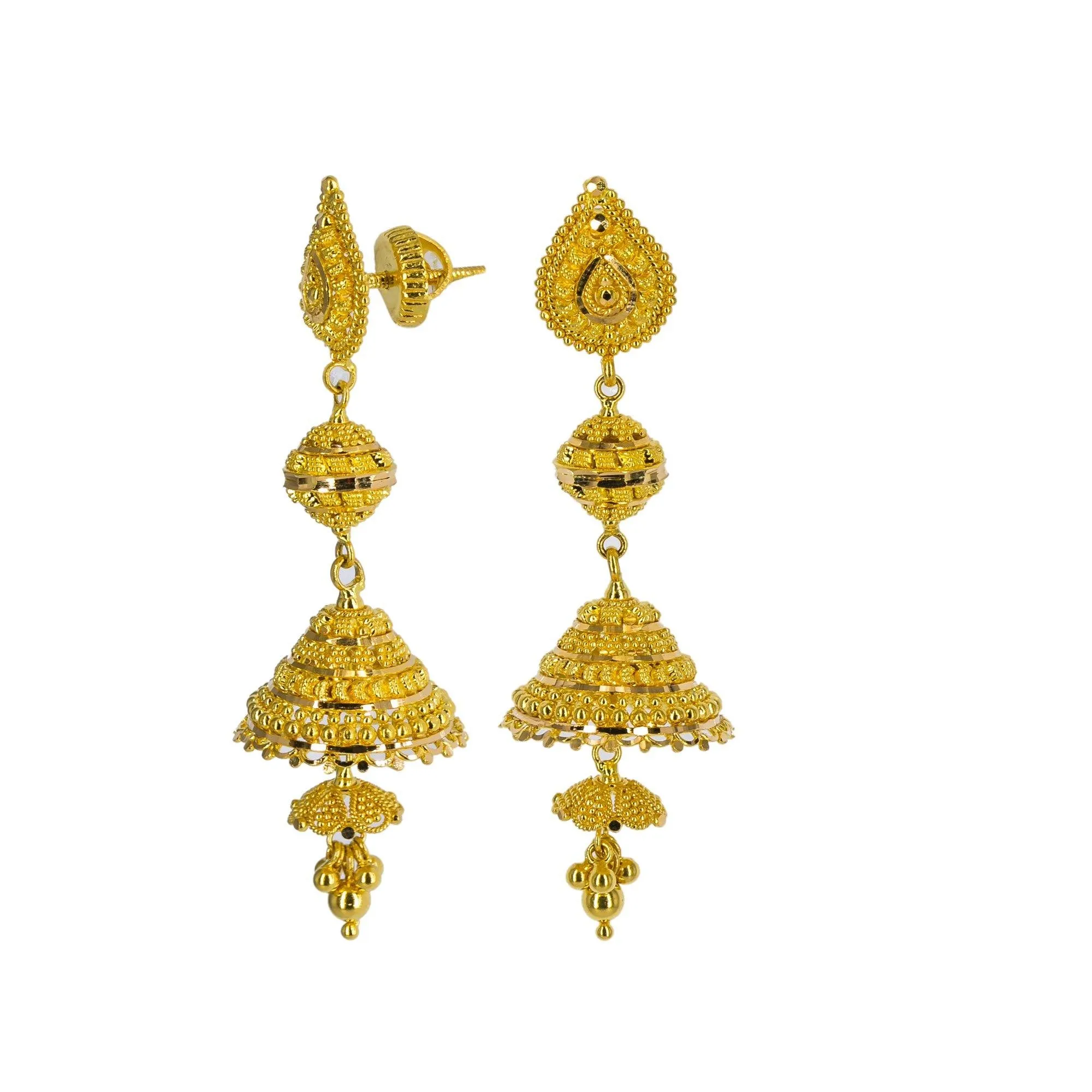 22K Yellow Gold Long Necklace & Jhumki Earrings Set W/ Draping Gold Beaded Strands