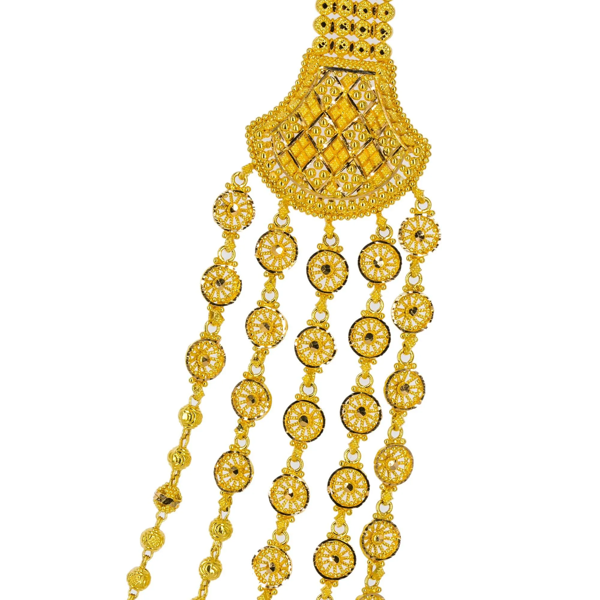 22K Yellow Gold Long Necklace & Jhumki Earrings Set W/ Draping Gold Beaded Strands