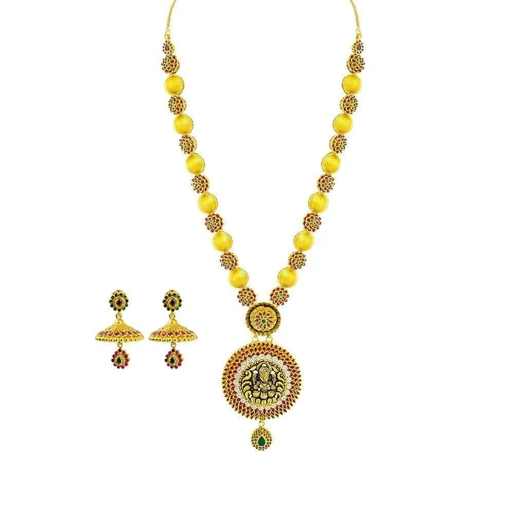 22K Yellow Gold Necklace & Jhumki Earrings Set W/ CZ, Ruby, Emerald, Ornate Laxmi Pendant & Floral Accent Chain