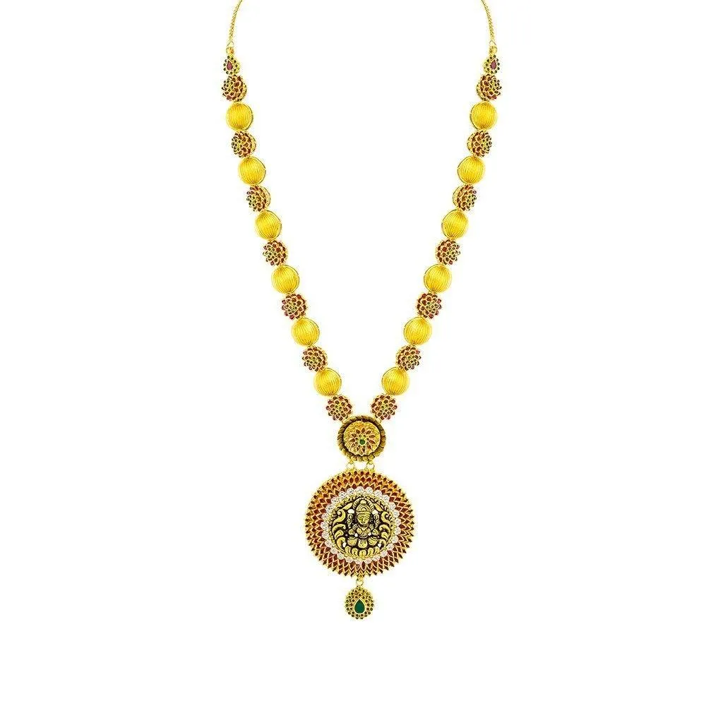 22K Yellow Gold Necklace & Jhumki Earrings Set W/ CZ, Ruby, Emerald, Ornate Laxmi Pendant & Floral Accent Chain