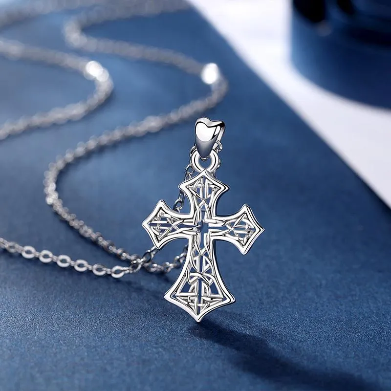 925 Sterling Silver Catholic Cross with Celtic Knot Inlay Pendant Necklace