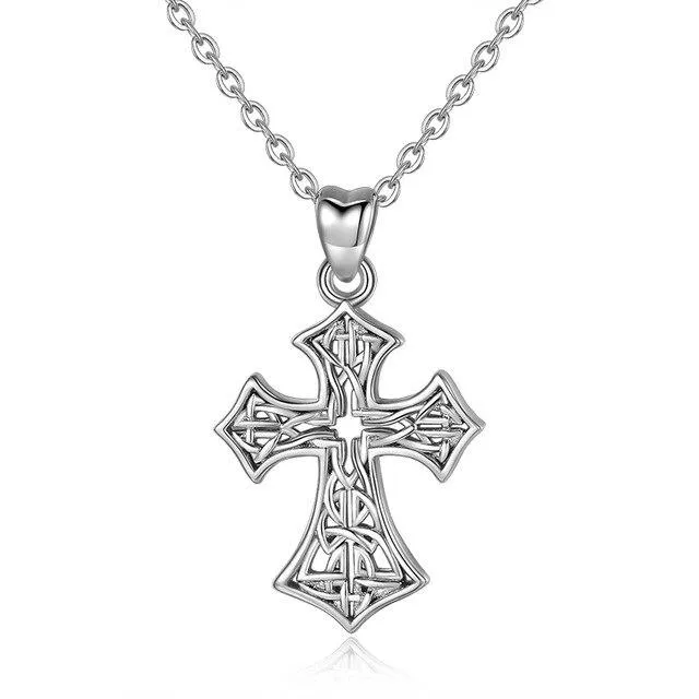 925 Sterling Silver Catholic Cross with Celtic Knot Inlay Pendant Necklace