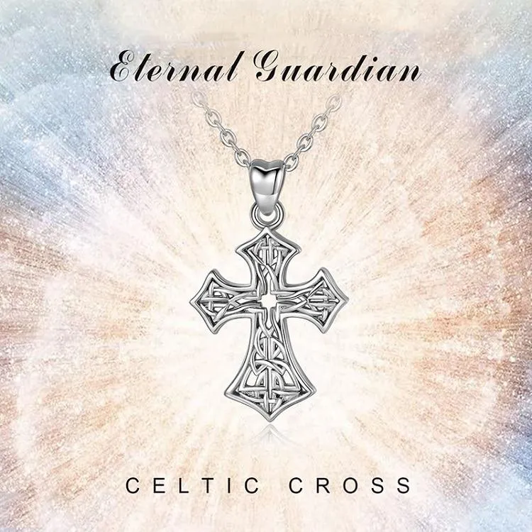 925 Sterling Silver Catholic Cross with Celtic Knot Inlay Pendant Necklace