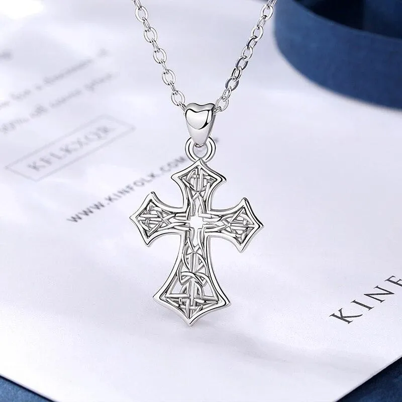 925 Sterling Silver Catholic Cross with Celtic Knot Inlay Pendant Necklace