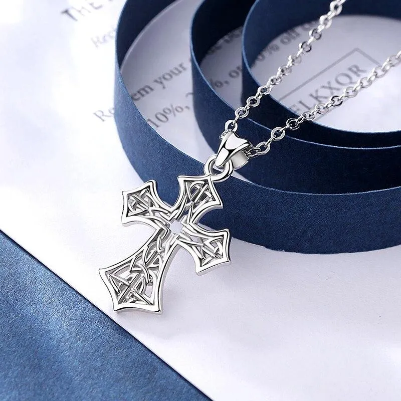 925 Sterling Silver Catholic Cross with Celtic Knot Inlay Pendant Necklace