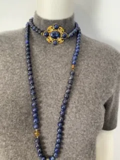 95A, 1995 Fall Vintage Chanel Long Strand Blue Gold Stone CC Necklace