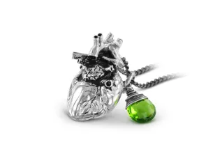 Anatomical Heart Necklace with Emerald - Silver