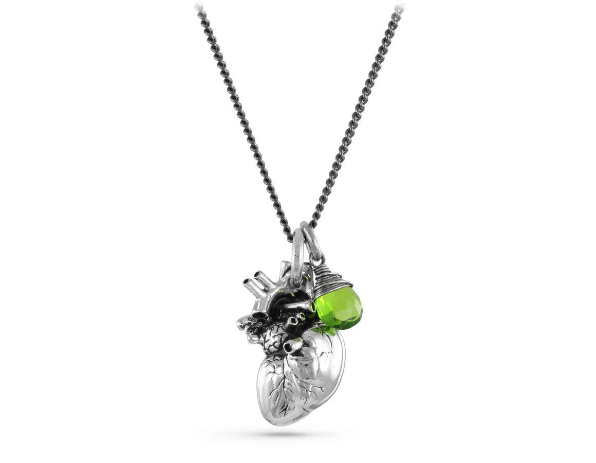 Anatomical Heart Necklace with Emerald - Silver