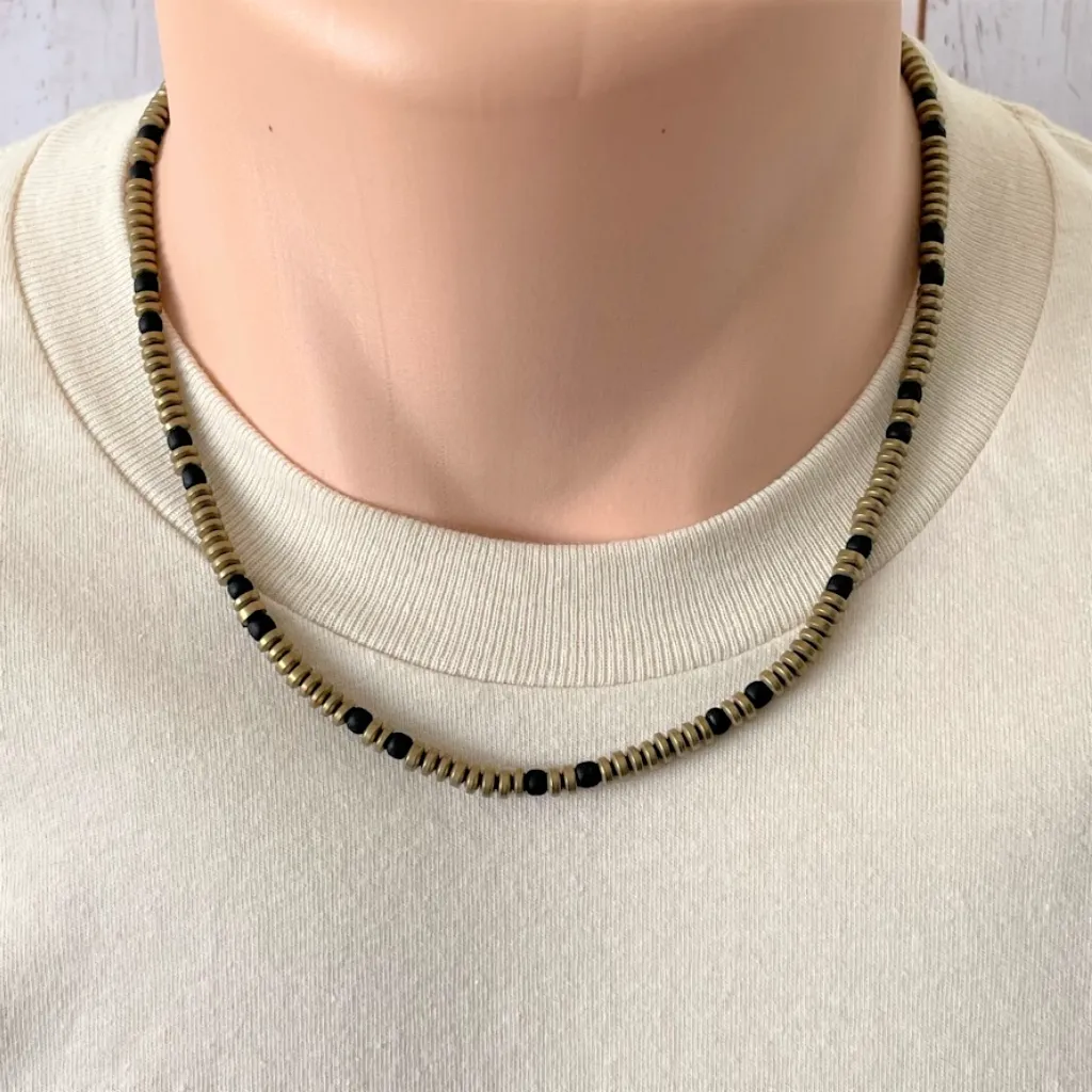 Antique Gold Matte Hematite and Black Mens Beaded Necklace