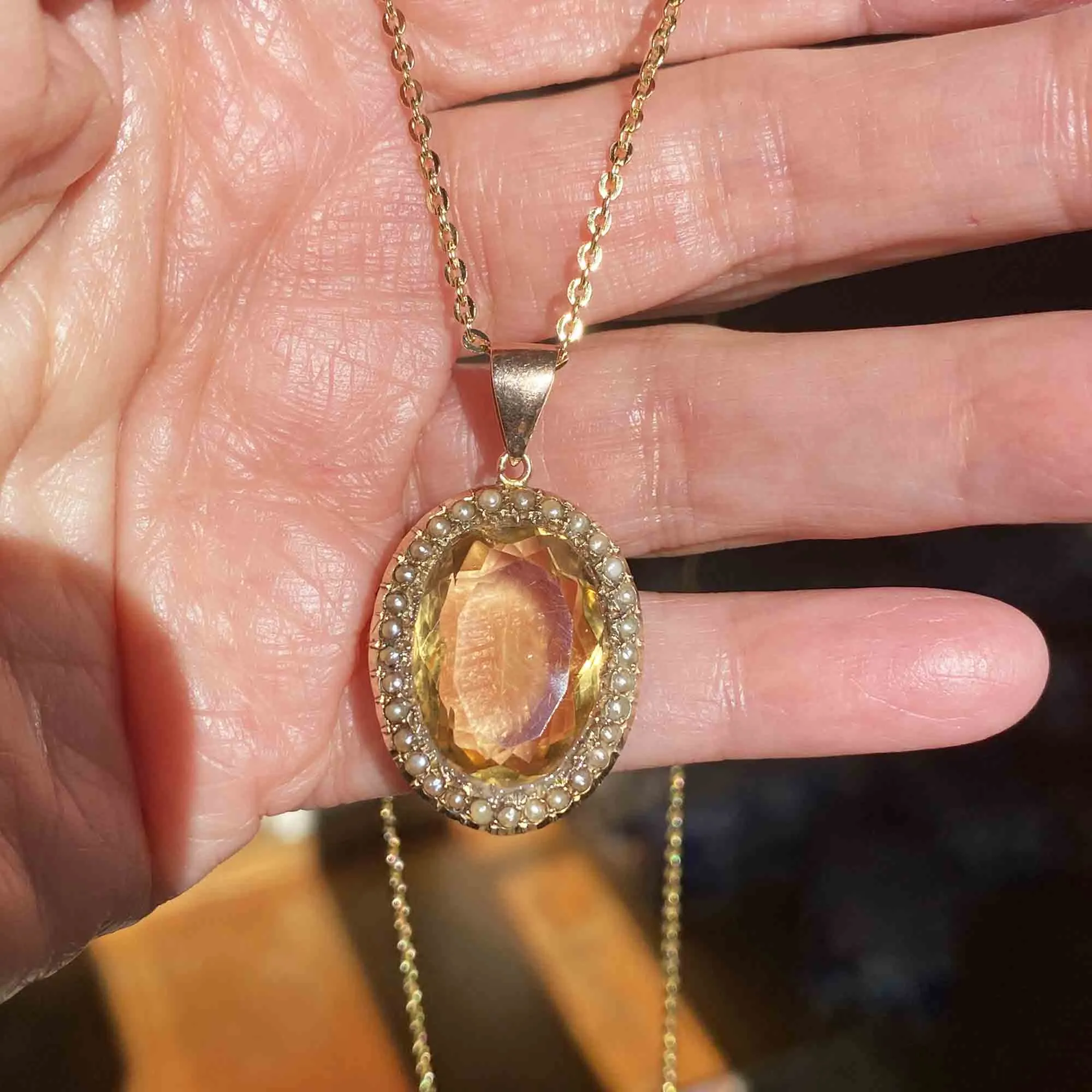 Antique Victorian Pearl Halo Citrine Pendant Necklace