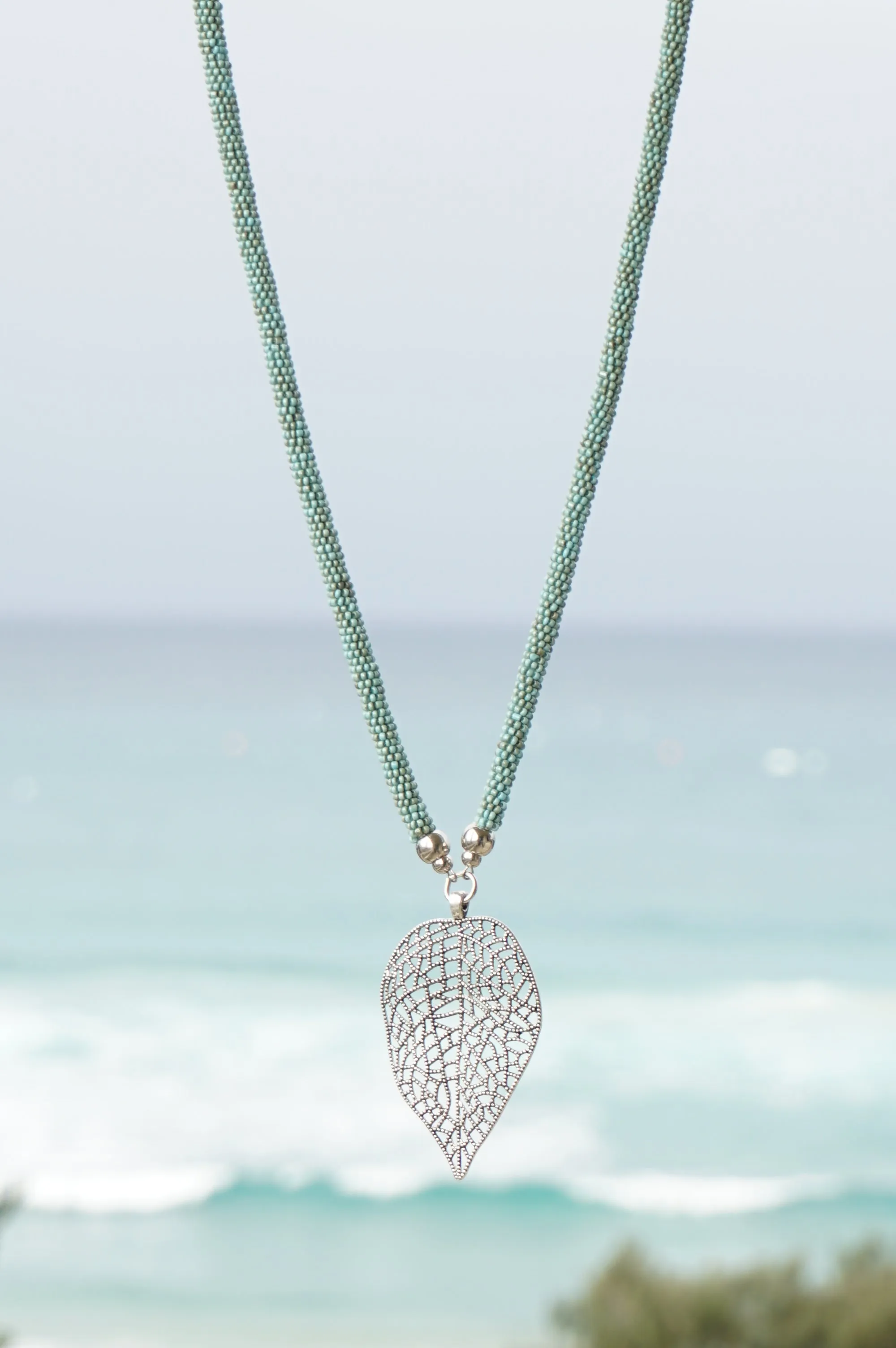 Aqua Beaded Leaf Pendant Necklace