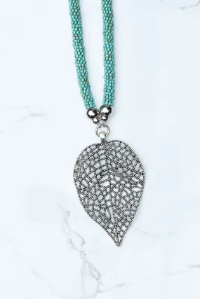 Aqua Beaded Leaf Pendant Necklace