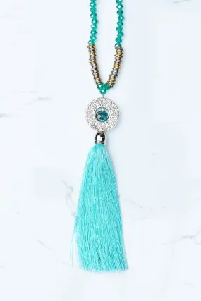 Aqua Circle Pendant Tassel Necklace