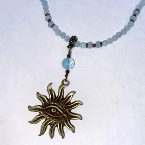 Aquamarine gemstone with Brass Evileye Sun pendant Necklace