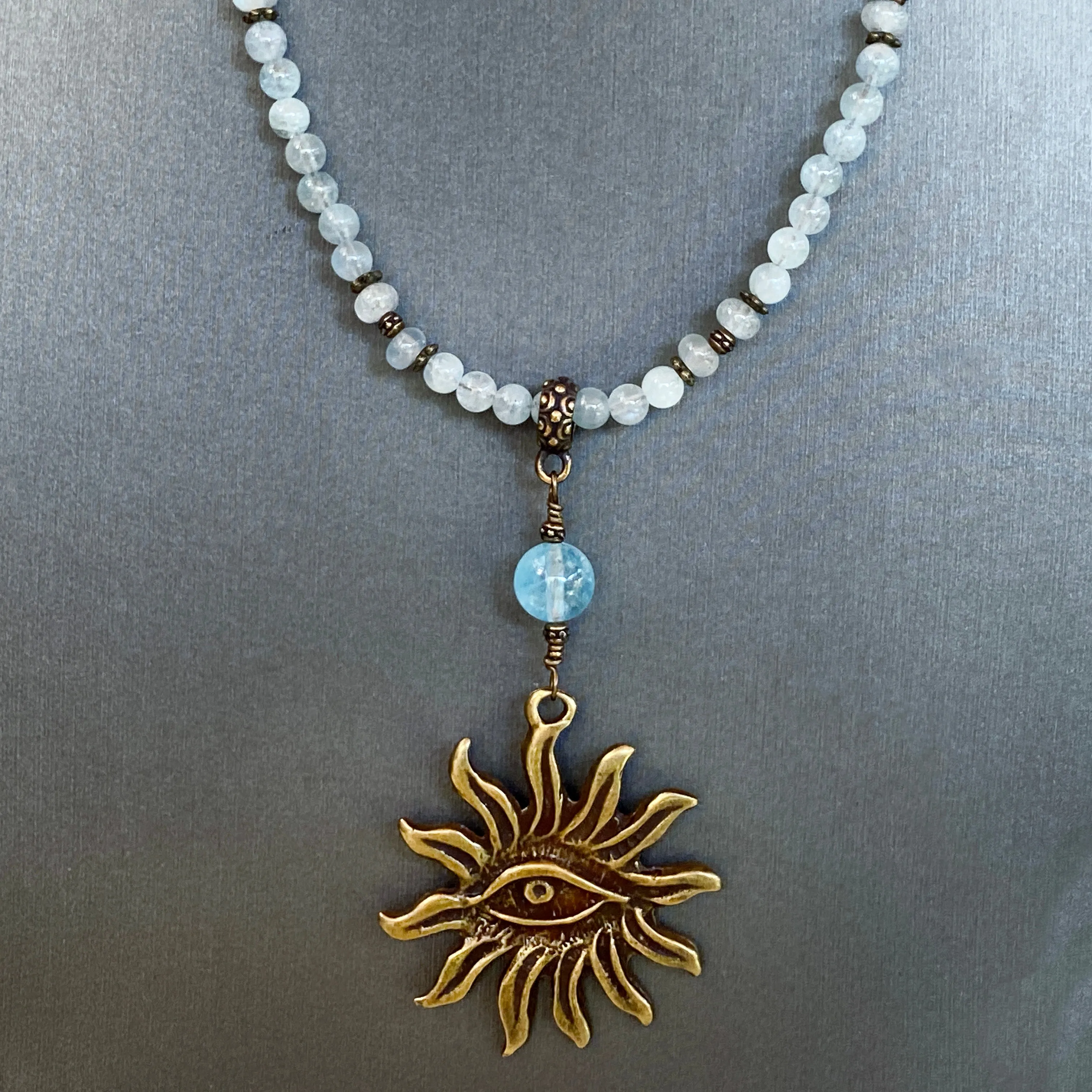 Aquamarine gemstone with Brass Evileye Sun pendant Necklace