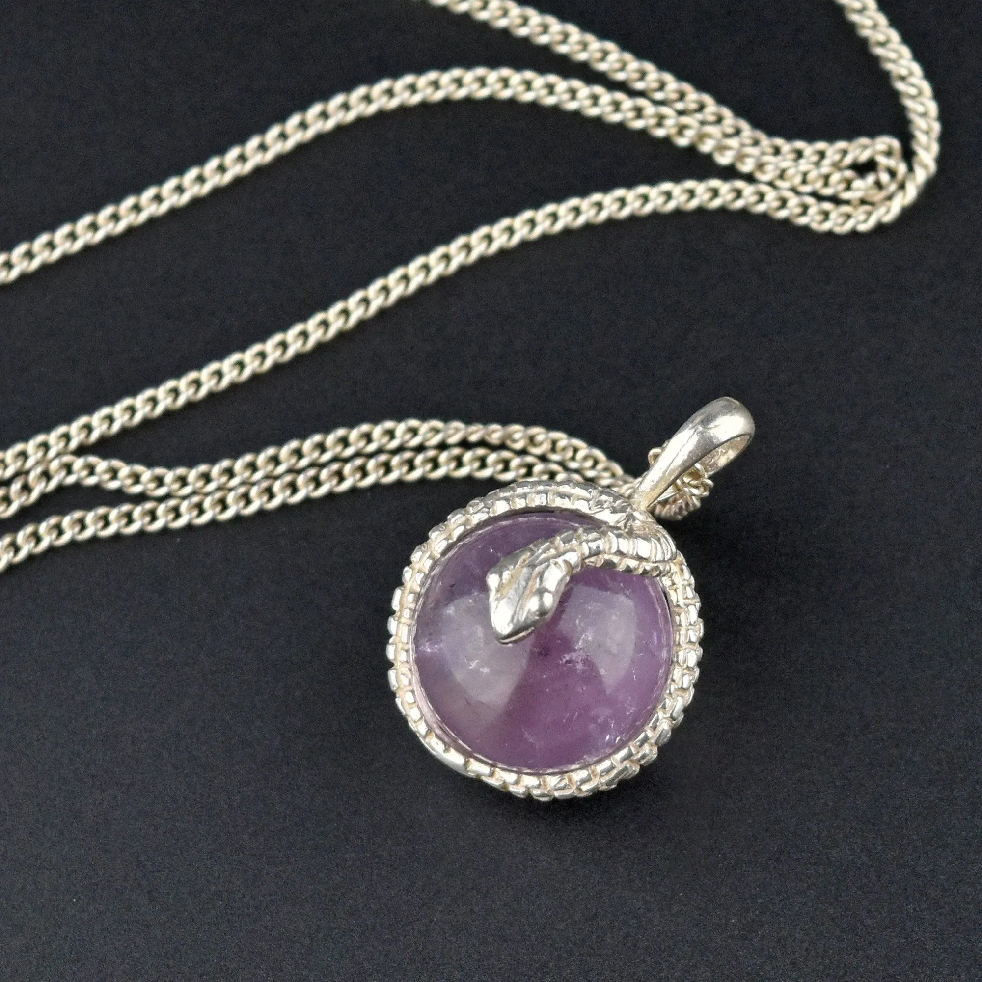 Art Deco Style Amethyst Orb Snake Pendant Necklace