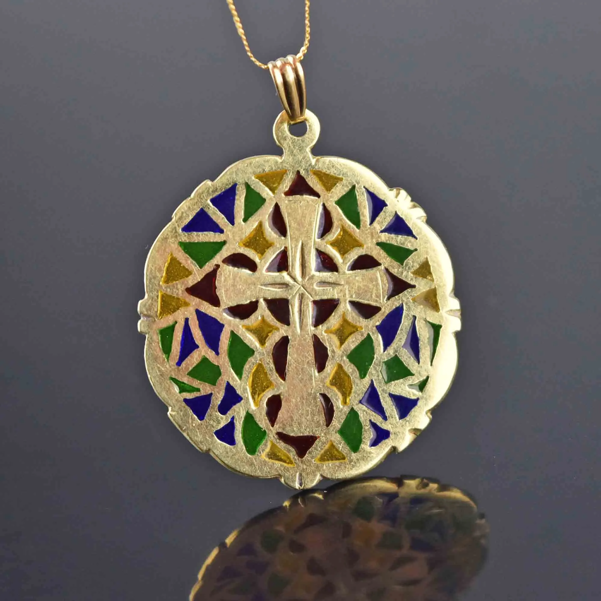 Art Nouveau 14K Gold Plique a Jour Pendant w Cross