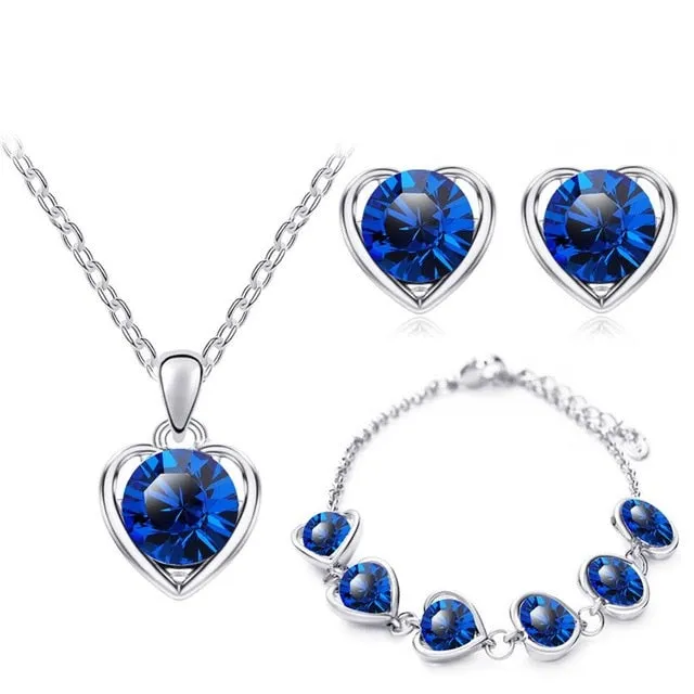 Austrian Crystal Hollow Heart Necklace, Bracelet & Earrings Fashion Jewelry Set