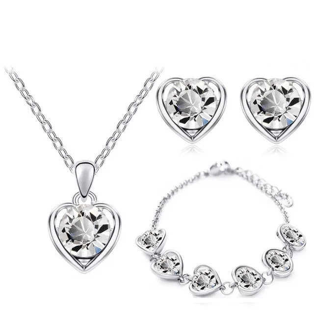 Austrian Crystal Hollow Heart Necklace, Bracelet & Earrings Fashion Jewelry Set