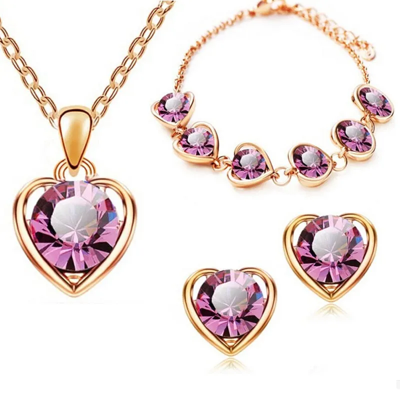 Austrian Crystal Hollow Heart Necklace, Bracelet & Earrings Fashion Jewelry Set