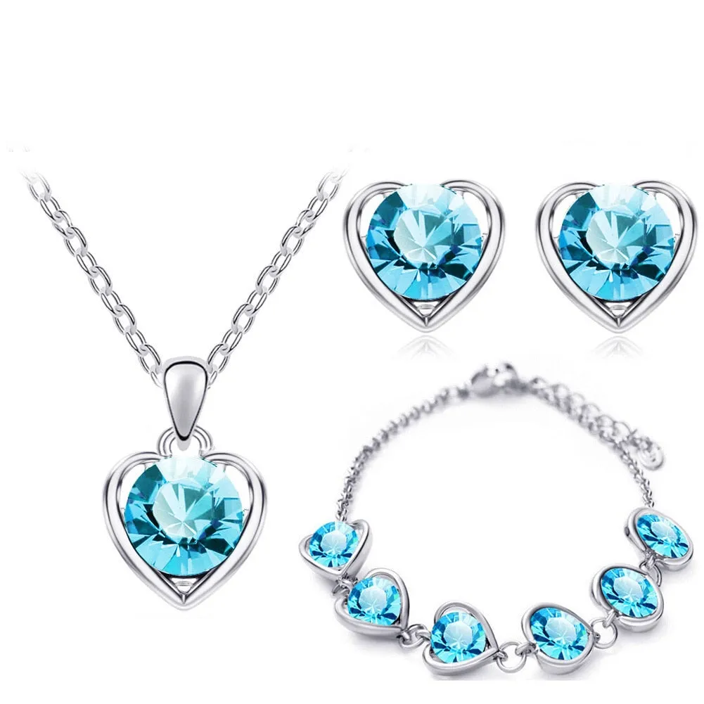 Austrian Crystal Hollow Heart Necklace, Bracelet & Earrings Fashion Jewelry Set