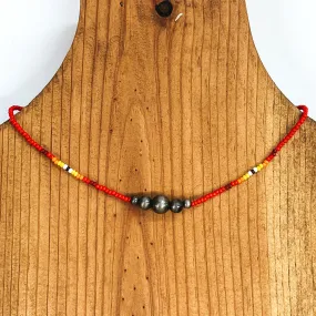 Aztec Seed Beaded Choker Necklace with Silver Beads in Red