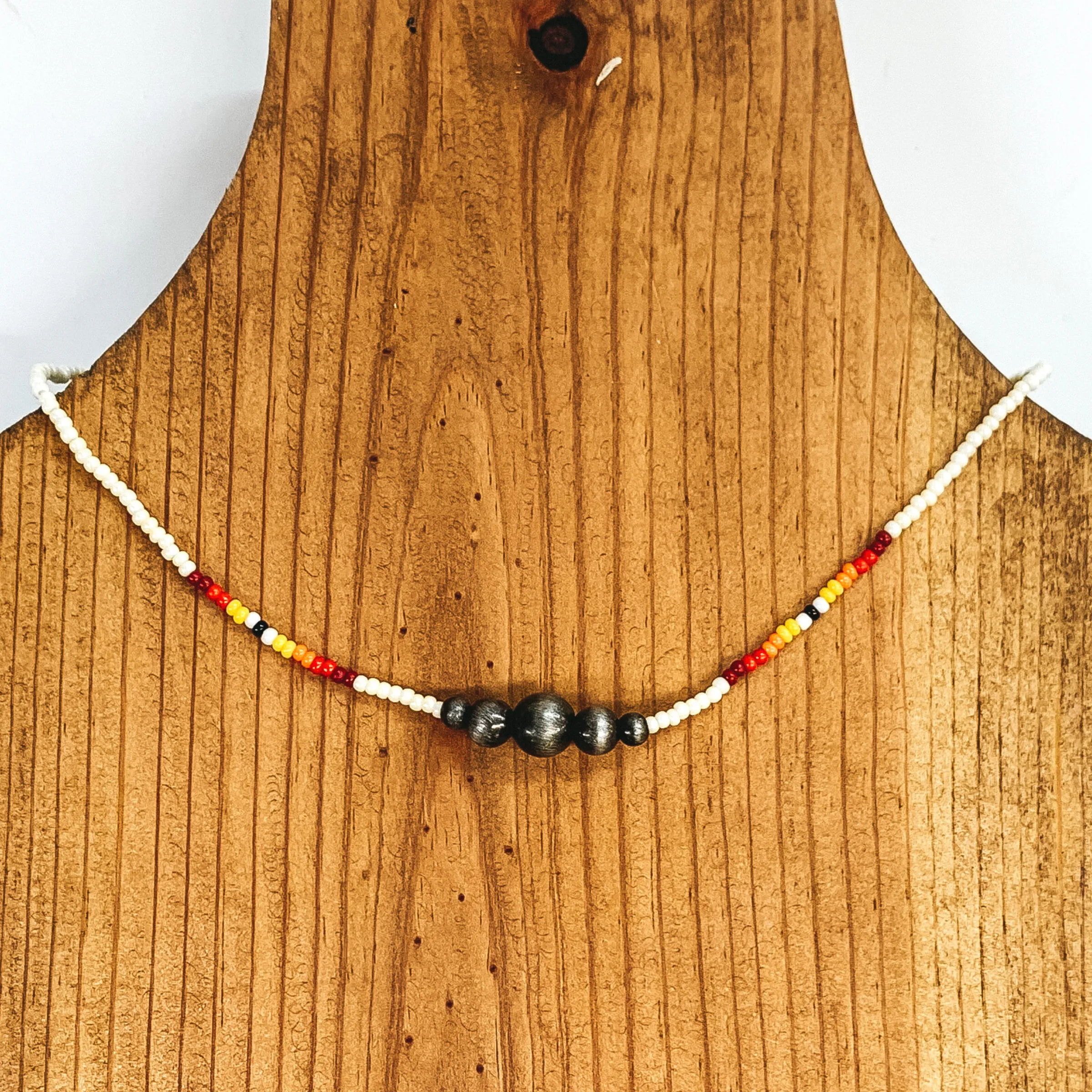 Aztec Seed Beaded Choker Necklace with Silver Beads in White