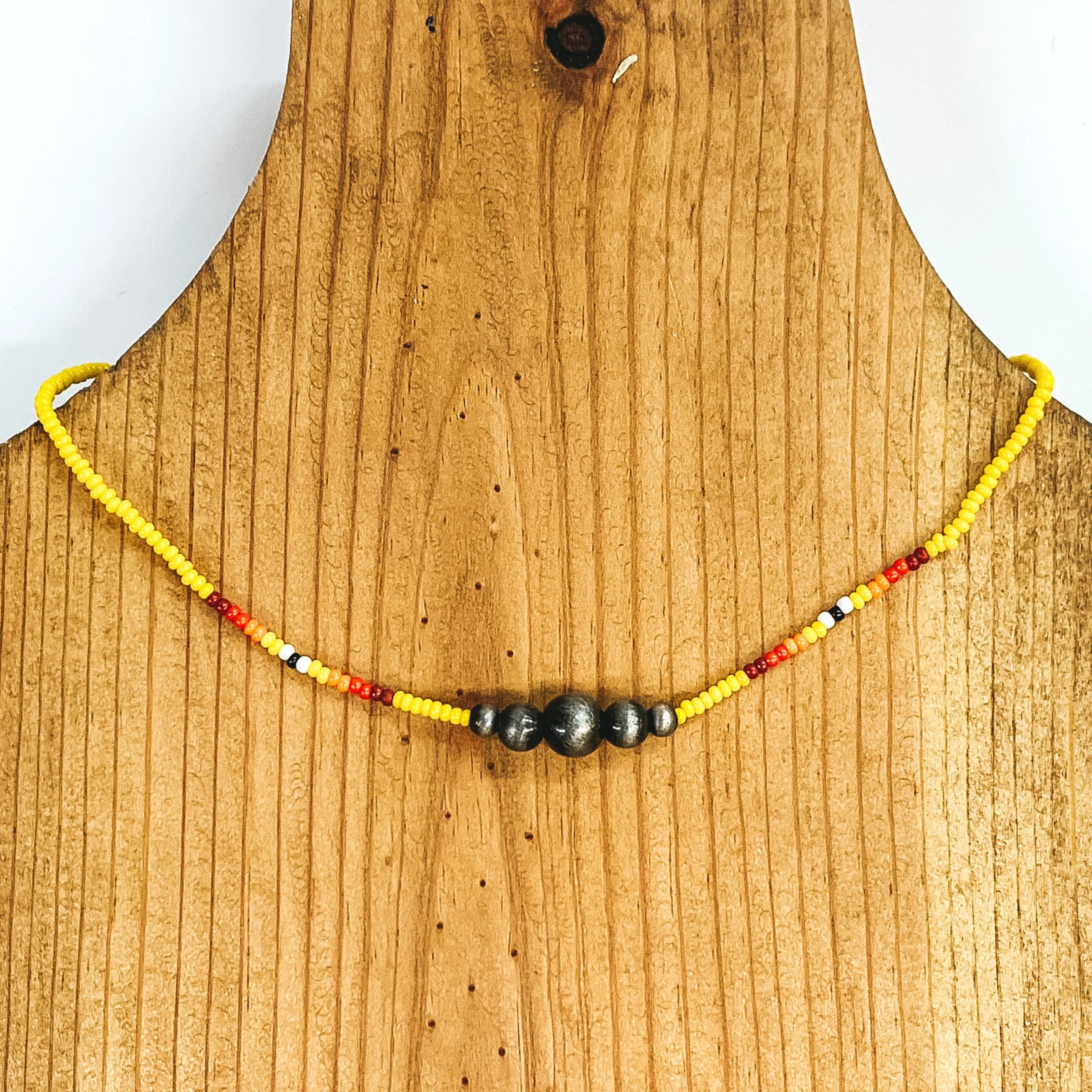 Aztec Seed Beaded Choker Necklace with Silver Beads in Yellow