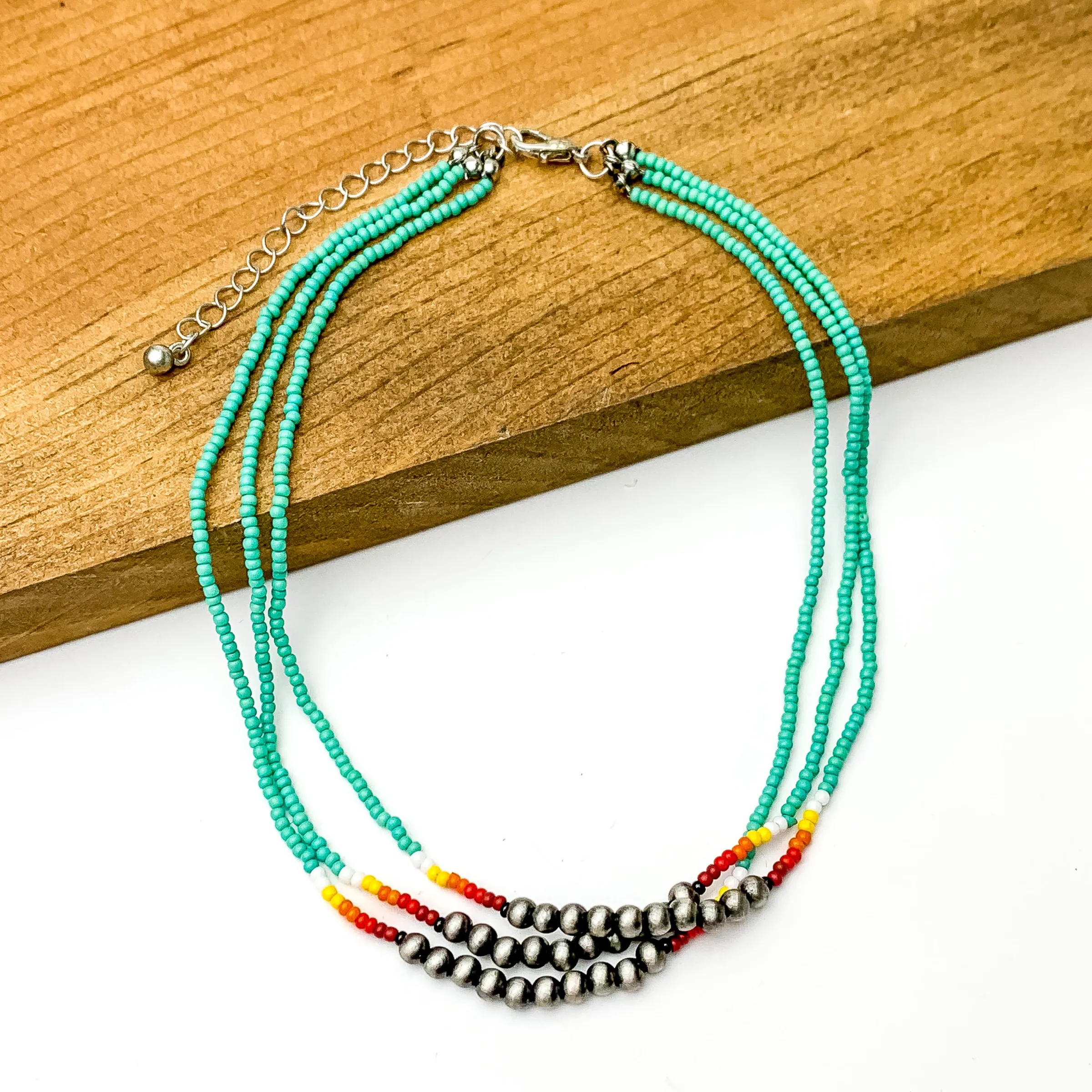 Aztec Seed Beaded Three Strand Choker Necklace with Silver Beads in Turquoise