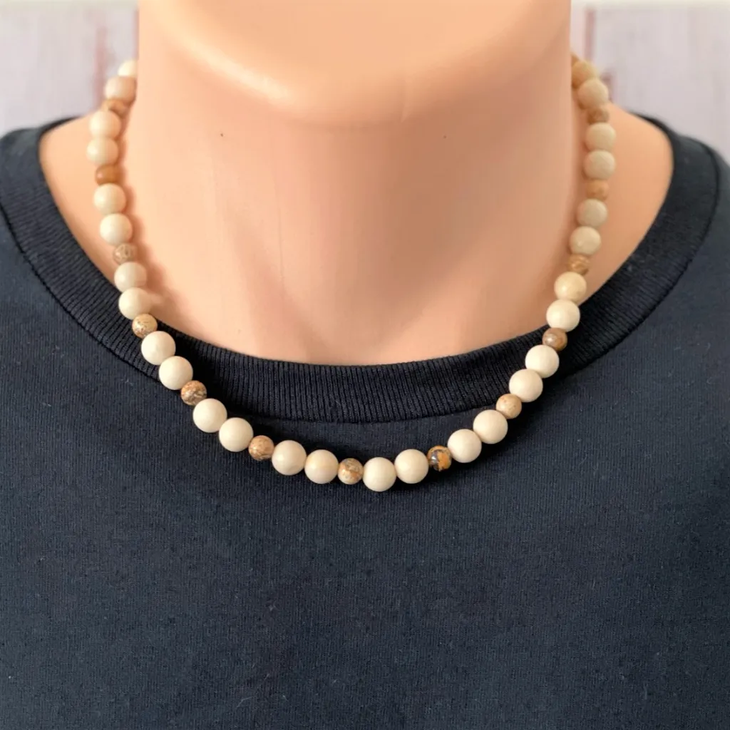 Beige Agate and Picture Jasper Mens Beaded Necklace