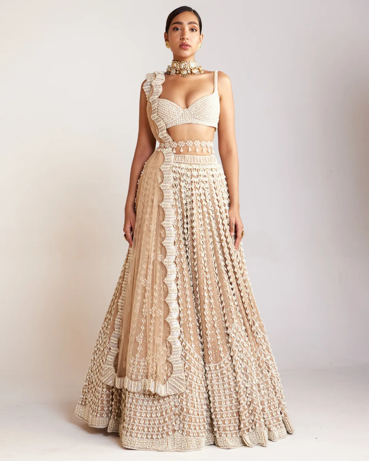 Beige Linear And Scallop Pearl Detail Lehenga Set