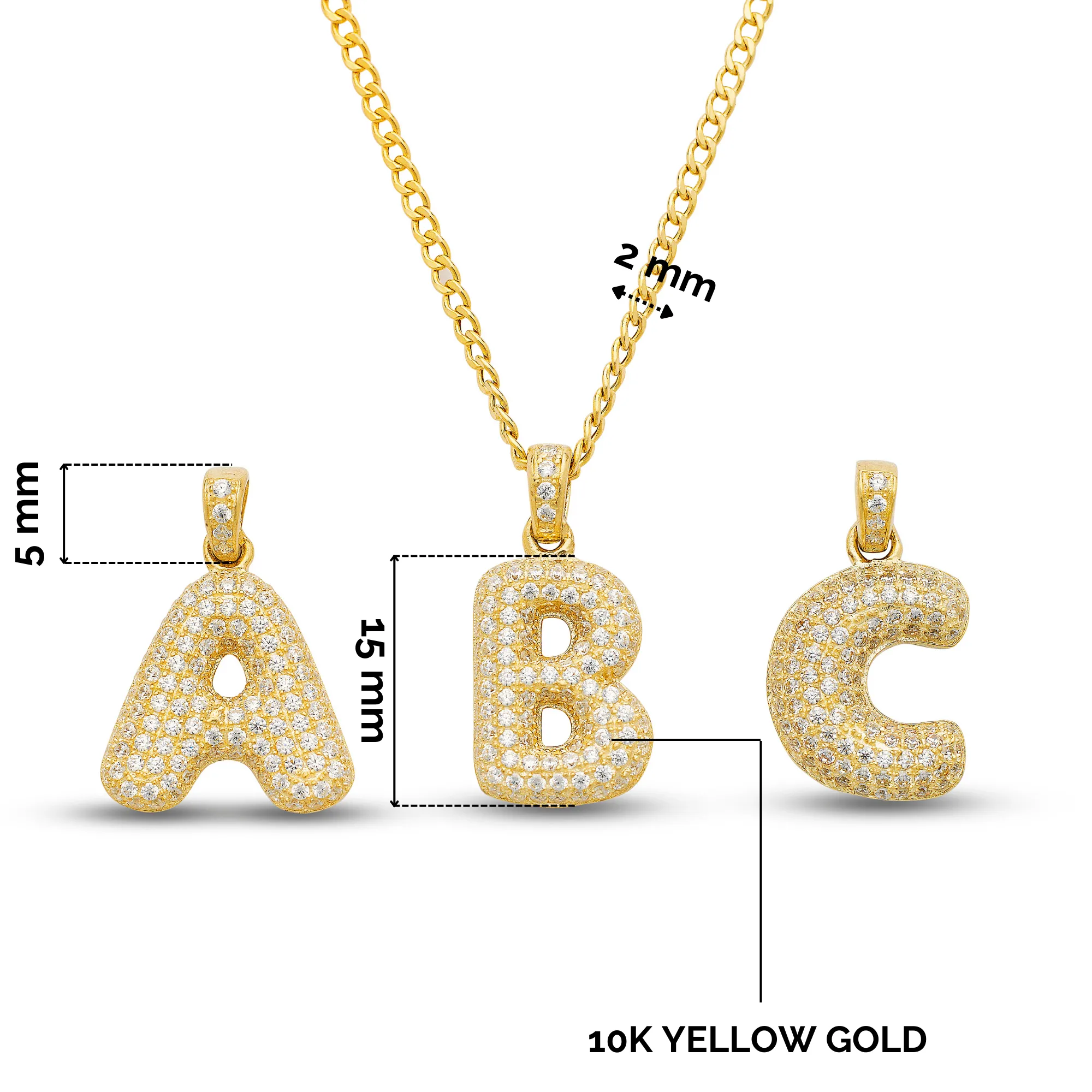 Better Jewelry 10K Yellow Gold Bubble Letter Initial Pendant Necklace CZ Stones