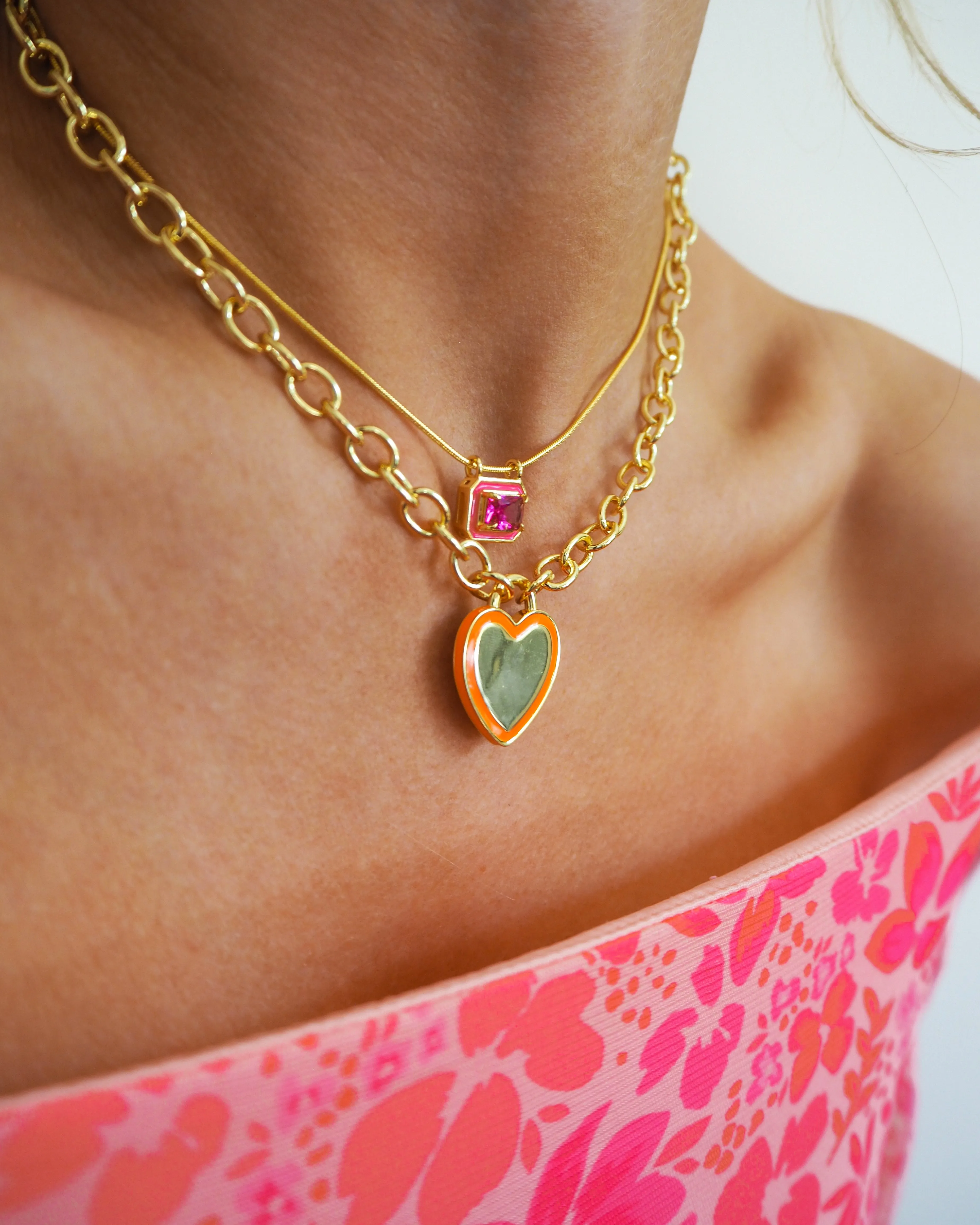 Bezel Pendant Necklace- Hot Pink- Gold