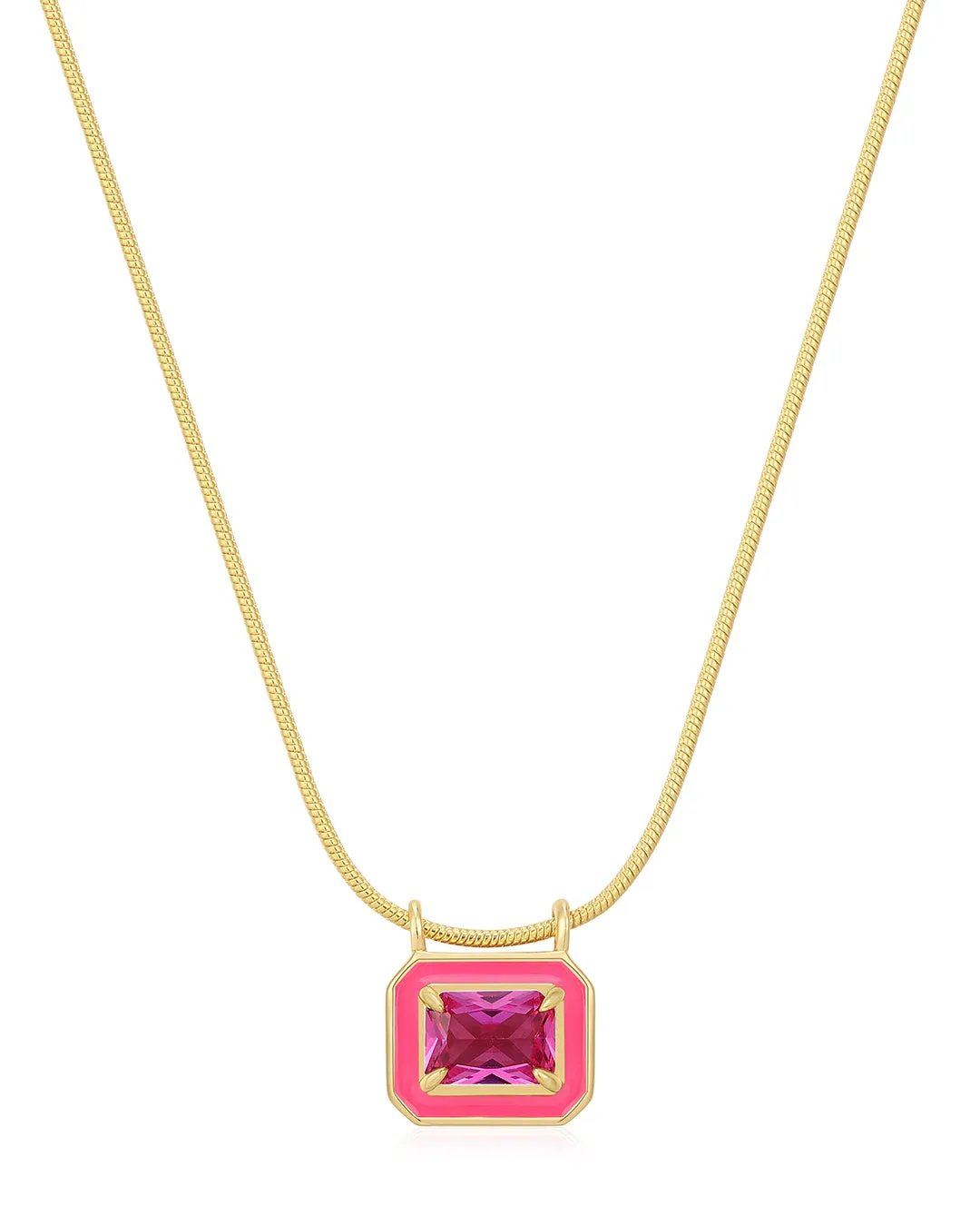 Bezel Pendant Necklace- Hot Pink- Gold