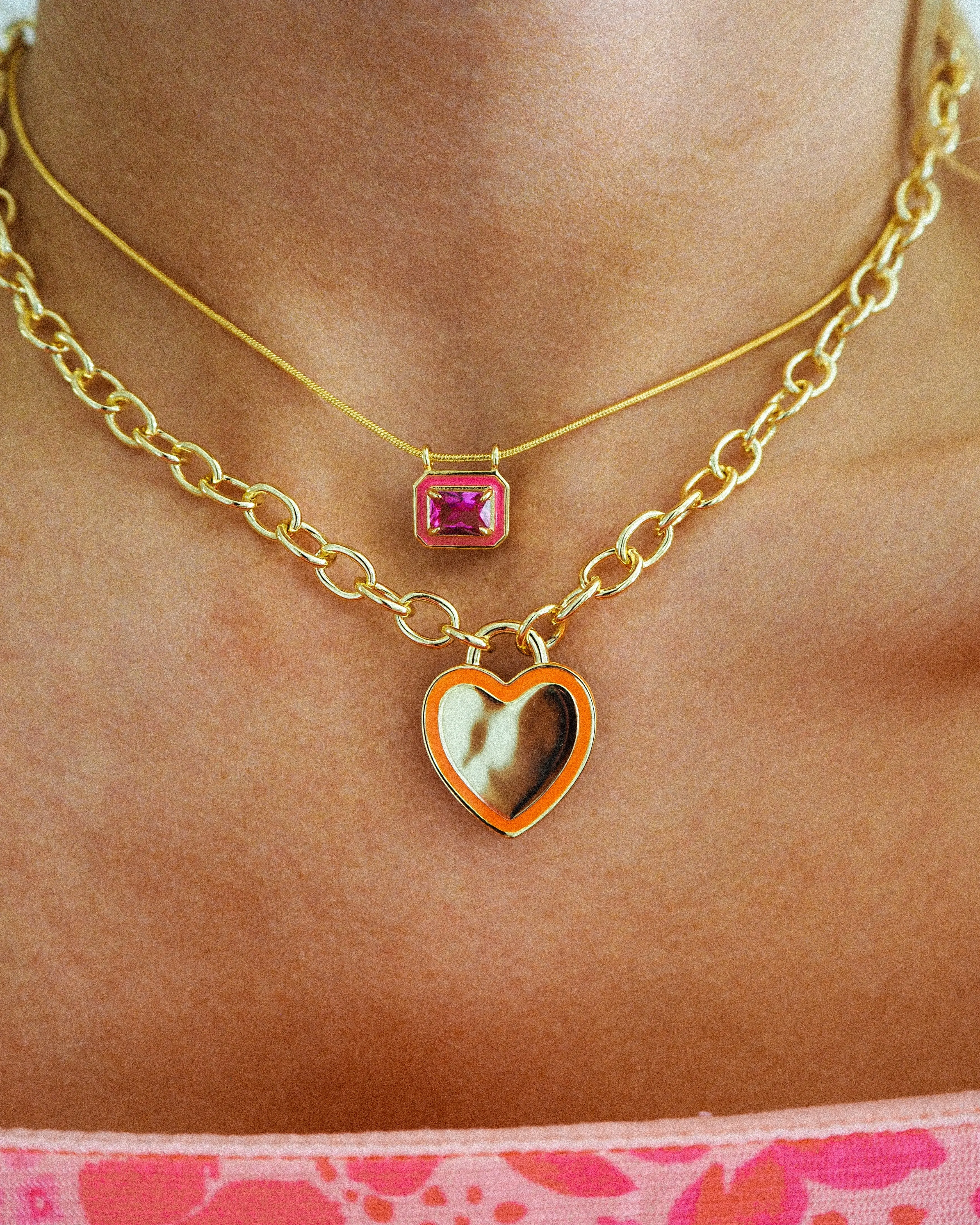 Bezel Pendant Necklace- Hot Pink- Gold