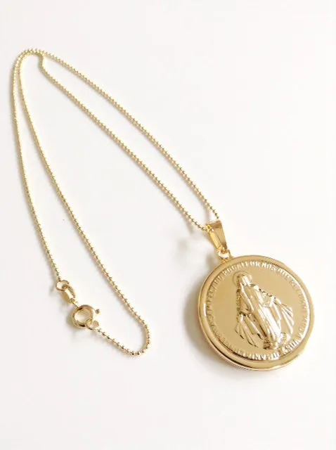 BIG Miraculous Medal Necklace Gold Virgin Mary pendant