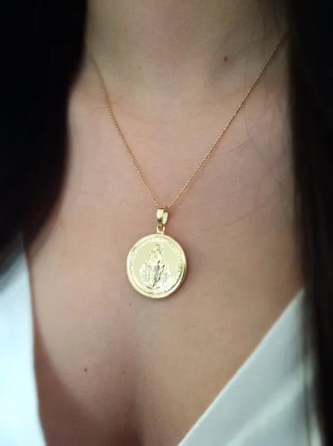 BIG Miraculous Medal Necklace Gold Virgin Mary pendant