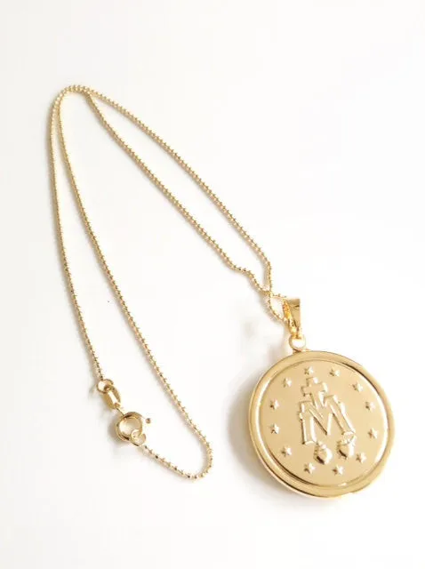 BIG Miraculous Medal Necklace Gold Virgin Mary pendant