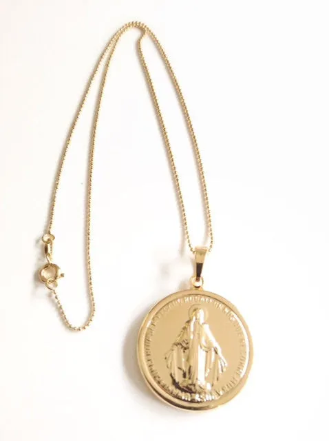 BIG Miraculous Medal Necklace Gold Virgin Mary pendant