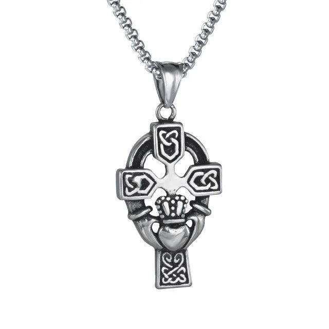 Black & Silver Celtic Knot Cross Claddagh Pendant Necklace